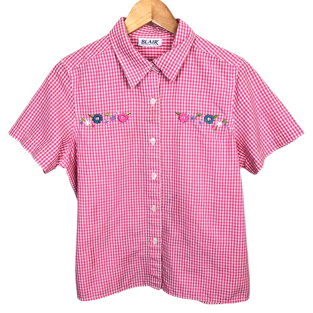 Blair Vintage 90s Gingham Floral Embroidered Picnic Cottagecore Pant Set Pink - Picture 5 of 14